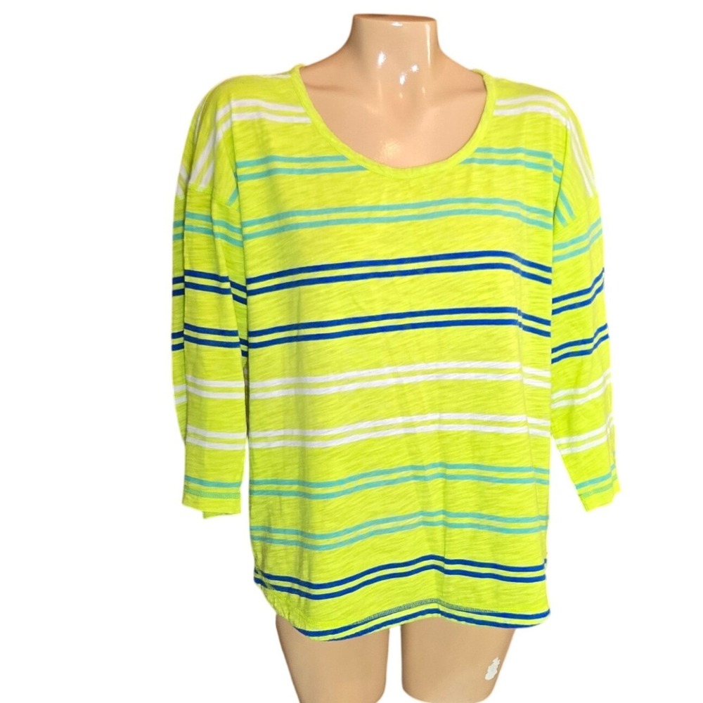 T by Talbots Top XL Lime Green Striped Keyhole Back 3/4‎ Sleeve Cotton Modal